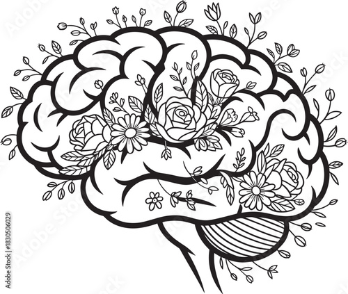 Brain with Flowers Illustration Symbolizing Mental Wellness and Growth