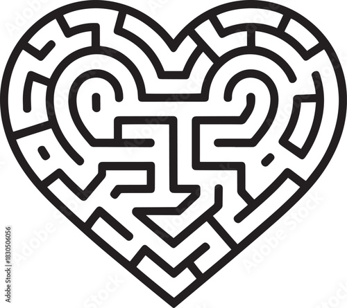 Heart shaped maze puzzle game vector graphic design with solution for children