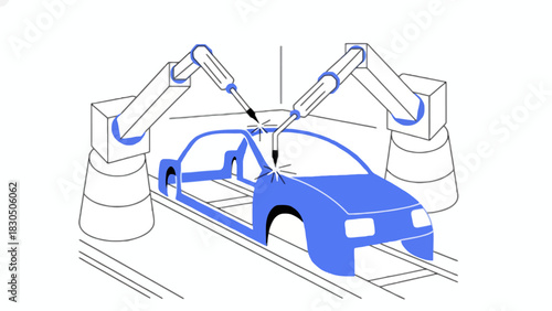 Futuristic automotive manufacturing process shown with robotic arms welding a car frame on an automated assembly line