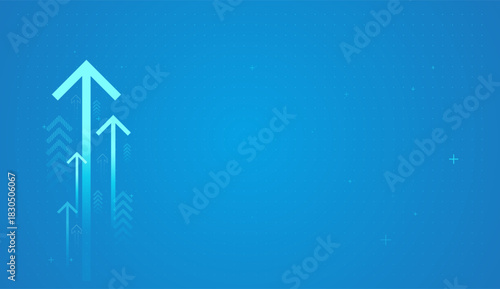 Bright upward arrows on a blue digital background symbolize strong financial growth, rising profits, and a positive business with A glowing upward arrow moves