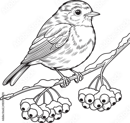 Bird on branch line art winter berries vector design nature wildlife art