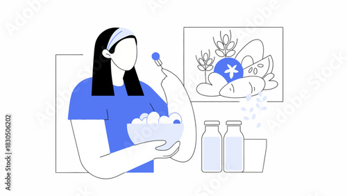 Woman embracing a healthy lifestyle, enjoying a nutritious meal with fresh ingredients and balanced diet choices for well-being and vitality