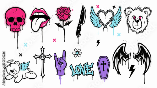 Edgy Tattoo Icons Set Skull, Rose, Knife, Hearts, Wings, Bear, Cross, Angel, Coffin, Love