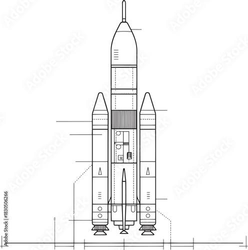 Drawing of Rocket N1 soviet Super Heavy Lift Launch Vehicle in Technical Blueprint Style