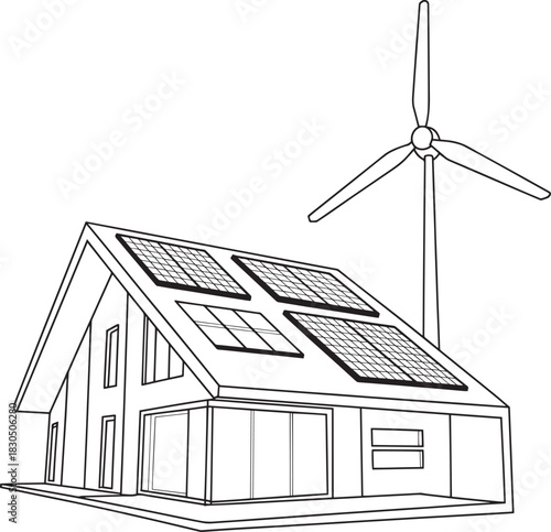 Drawing illustration of house with solar panels and wind turbine energy home