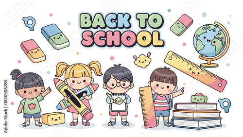 Back to School Cheerful Kids with School Supplies Illustration