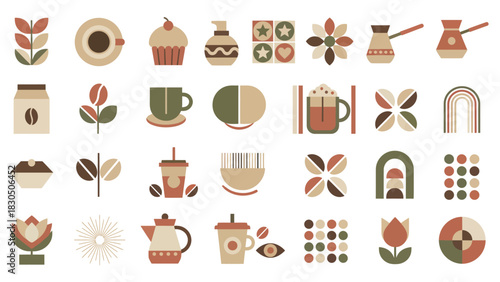 Collection of Stylized Coffee and Cafe Icons Vector Illustrations in Warm Colors