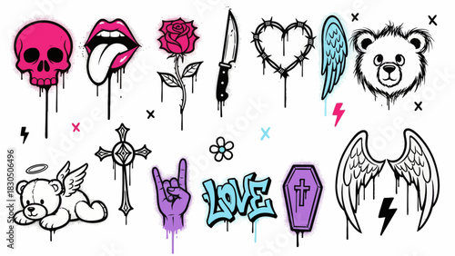 Dripping grunge street art vector collection with skulls, roses, hearts, wings, bears, and graffiti elements, perfect for edgy alternative graphic designs