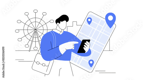 Navigating the City Man with Map, Location Markers, Ferris Wheel in Background Illustration