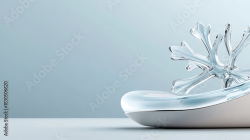 Clear glass snowflake sculpture emerging from a transparent liquid surface, symbolizing winter elegance, modern holiday design, and festive season minimalism