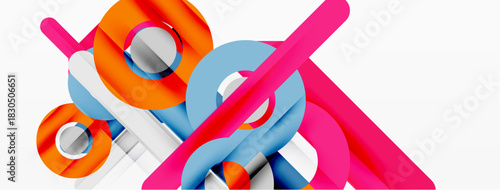 Abstract composition featuring colorful geometric shapes. Interlocking cylinders, tubes, rings create dynamic visual effect. Bright hues dominate white background.