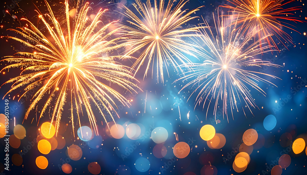 Fototapeta premium Golden fireworks bursting in a vibrant night sky with glowing bokeh lights, creating a festive celebration scene.