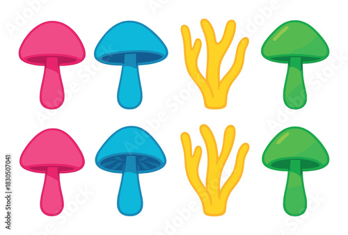 Colorful neon mushrooms and coral pattern on striped background