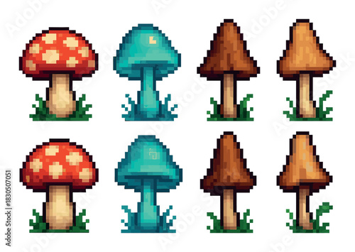 Colorful pixel art mushrooms with red, blue, and brown caps