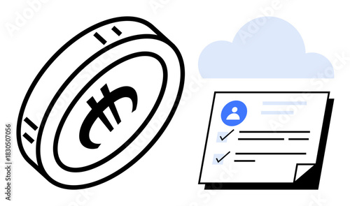 Coin with digital currency symbol, user profile form, checklist, and cloud. Ideal for fintech, blockchain, data storage, account validation digital ID cryptocurrency cloud security. Simple flat