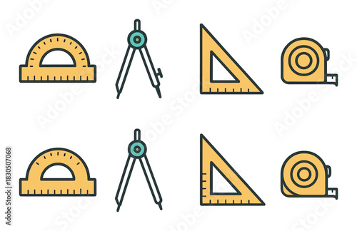 Geometric tools: protractor, compass, triangle, measuring tape on wood background