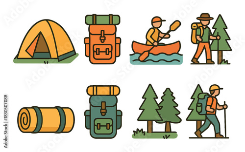 Outdoor adventure icons: camping, hiking, canoeing, nature exploration