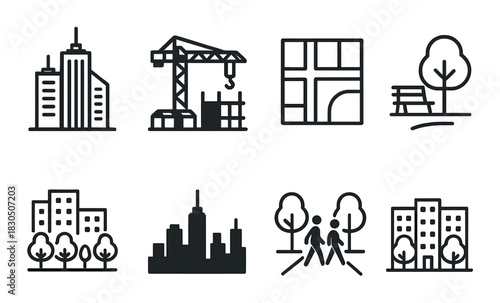 Urban development symbols: skyscraper, crane, city grid, park, trees, pedestrian