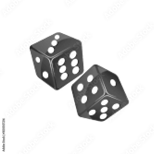 Halftone illustration of two rolling dice with dotted texture, symbolizing luck, chance, gambling, and gaming.