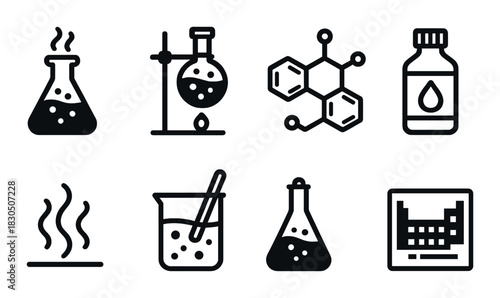 Scientific icon set featuring laboratory equipment and chemical symbols