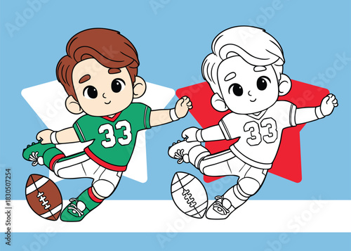 Boy American football cartoon character 2D style and black and white coloring page