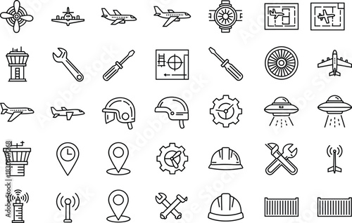 Aviation and Engineering Icon Set, Maintenance, Repair, Airport Control Tower, Airplane, Propeller, Blueprint, Industrial Safety Helmet, Shipping Container, Location Pin, Wi-Fi Signal