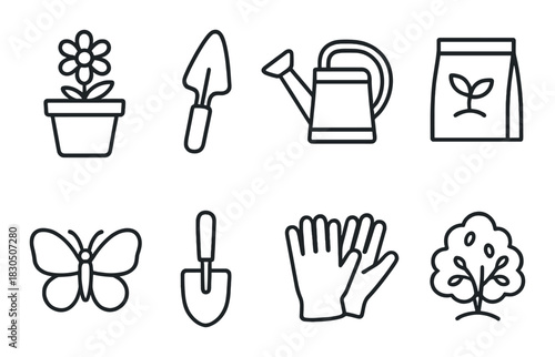 Garden tools and nature icons set with flower, watering can, and gloves