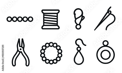 Jewelry crafting tools: needle, thread, pliers, hooks, beads, and loop icons