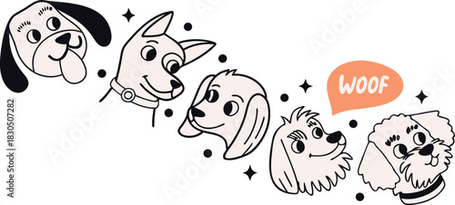 Black and white abstract background illustration featuring a cute cartoon puppy and a nature butterfly sketch