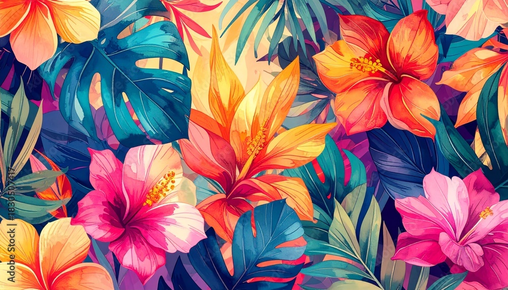 Obraz premium Vibrant tropical flowers seamless pattern with exotic botanical elements for textile design and digital backgrounds.