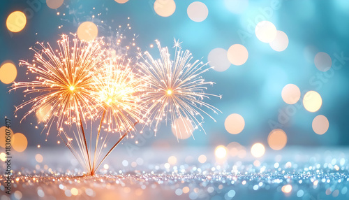 Sparkling fireworks with soft bokeh lights on a blue backdrop, perfect for New Year and celebration themes.