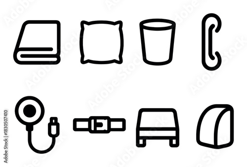 Set of hotel room essentials: pillow, blanket, phone, waste basket, and more icons