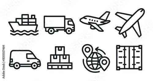 Global logistics icons: shipping, truck, airplane, cargo, and delivery symbols