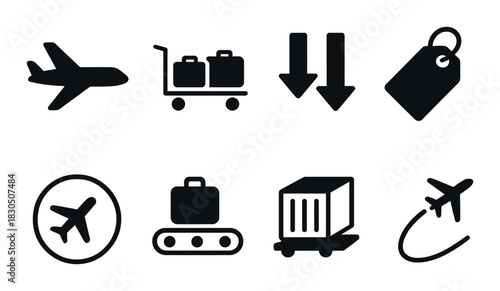 Silhouette icons of airplane travel and luggage for airport design