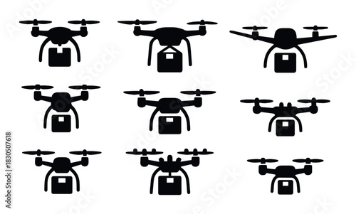 Silhouette of drones with packages in nine configurations on dark background