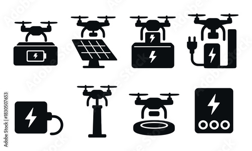 Drone charging icons on dark background with various power sources