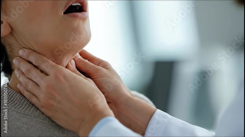 a doctor performing a thyroid examination on a patient, hands gently palpating the neck, bright modern clinic interior, video