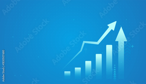A rising bar chart with a sharp upward arrow illustrates strong financial growth and positive business performance. the glowing digital arrows rises upward vector