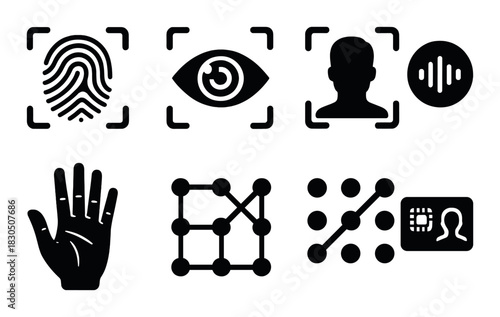 Biometric security icons: fingerprint, eye, face, voice, hand, patterns