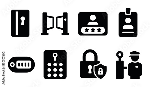 Security icons: identification, access, lock, badge, guard illustrations