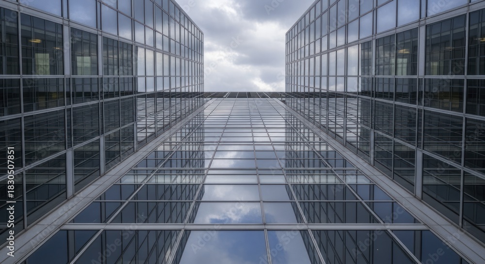 Obraz premium Symmetrical architecture features towering office structures with reflective glass facades meeting overhead