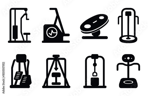 Silhouette collection of various gym equipment icons on dark background