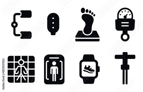 Set of eight various health and fitness icons on dark background
