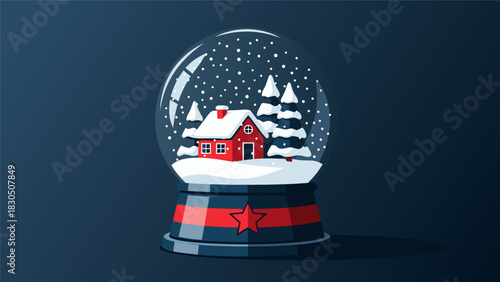 Festive Winter Scene in a Snow Globe with a Cozy House and Pine Trees Under Falling Snow