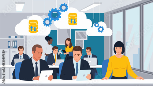 Corporate team collaborating in a modern office using cloud computing for data management and processing, a flat vector illustration f