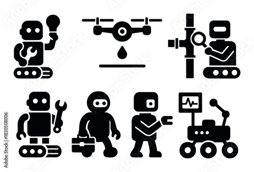 Set of black icons: robots in various industrial roles and activities