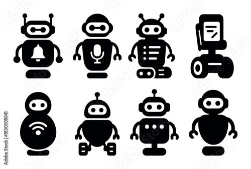 Set of eight unique silhouette robots with various features and accessories