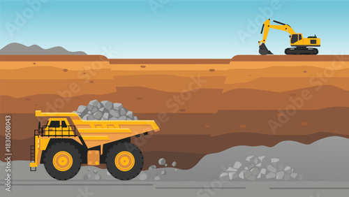 Mining operation illustration Heavy machinery working in a quarry with a large dump truck transporting extracted rocks and a digger