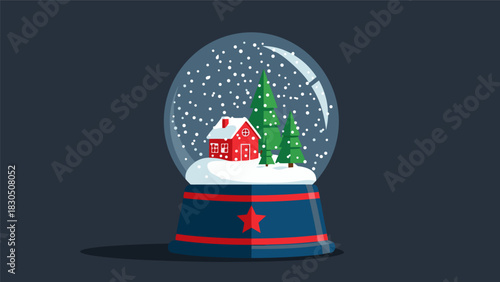Festive Winter Scene Captured in a Sparkling Snow Globe with a Cozy Red House and Evergreen Trees