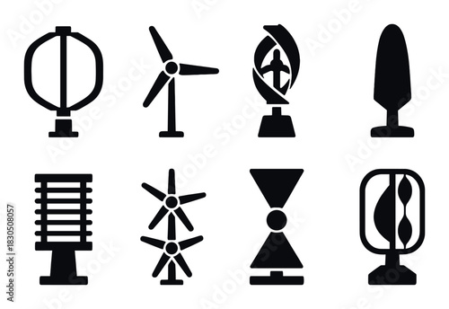 Silhouette of various wind turbine designs on dark background